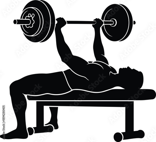 Man lifting weights on bench press in gym, strong silhouette