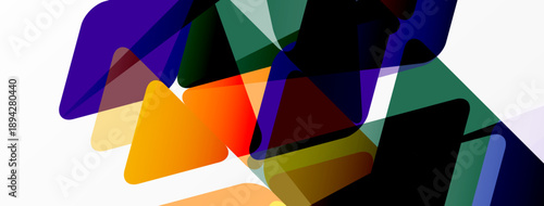 Abstract composition. Overlapping translucent shapes create vibrant color blends. Modern design, dynamic energy, simple forms.