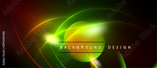 Abstract neon lights create vibrant curves. Green dominates with orange, red accents. Dark background emphasizes glowing lines, modern design.