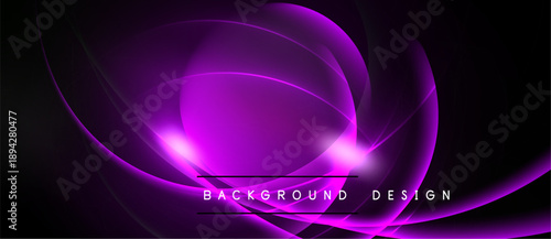 Abstract purple waves radiate from central glow. Dark background emphasizes flowing lines, creating dynamic visual effect. Text reads background design.