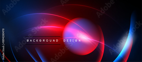 Abstract neon lights, vibrant red, blue hues. Dynamic curves create modern background design. Dark space emphasizes glowing elements.