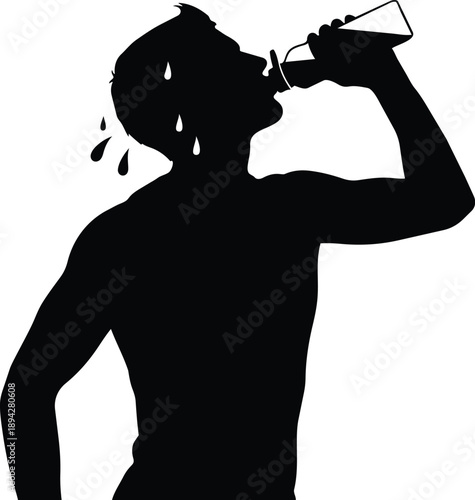 Thirsty athletic man drinking water from a bottle silhouette