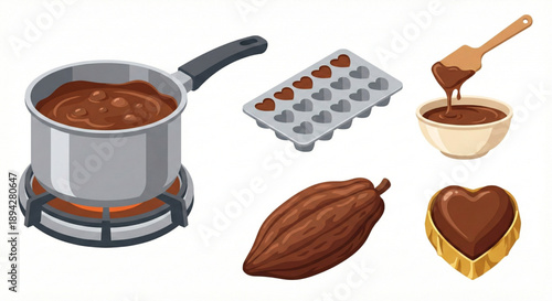 Delicious chocolate preparation process with cacao pod, melting pot, and heart-shaped treats