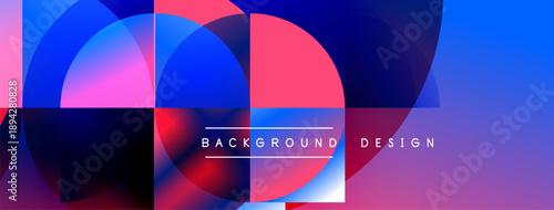 Abstract geometric composition. Overlapping circles create vibrant color gradients, modern design element. Background features blue, pink hues.