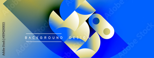 Abstract fluid shapes blend, creating dynamic blue, gold gradients. Text reads background design over flowing forms. Modern, vibrant composition.