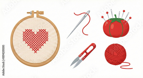A charming collection of essential tools for needlework and cross-stitching, featuring a lovely heart design in an embroidery hoop, perfect for creative hobbies