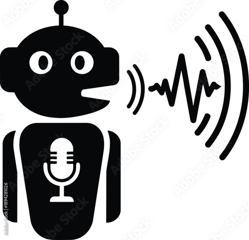 Robot speaking into microphone with sound waves, voice assistant technology