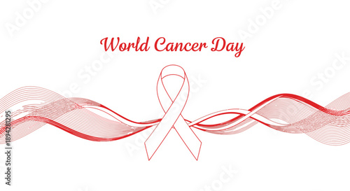 A red awareness ribbon flows above wavy abstract lines.