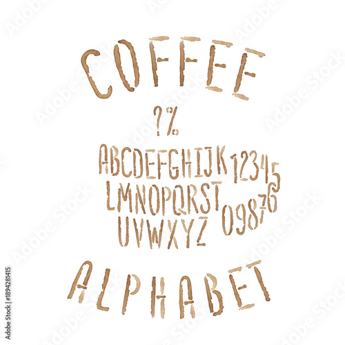 Hand Crafted Narrow Stencil Style Font Lettering Named Coffee Alphabet - Brown Coffee Stains or Traces Style Grotesque Caps and Numerals on White Background - Typography Graphic Design