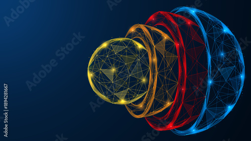 Structural layers of the Earth. The inner core, mantle, and outer shells of the planet. Low-poly design of interconnected lines and dots, blue background.