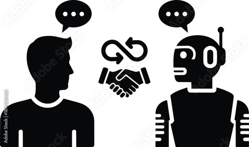 Robot and human shaking hands with speech bubbles, symbolizing partnership and future technology collaboration