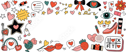 Doodle border, colorful icons, love theme, fashion elements, girly graphics, hand-drawn style, hearts, stars, lips, rainbow, makeup, bow, globe, strawberry, speech bubbles, tic-tac-toe