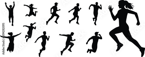 Running silhouettes, jumping poses, athletic motion, dynamic figures, fitness movement, sports activity, vector art, energy burst, active lifestyle, motion icons