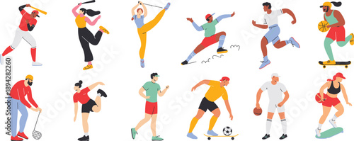 Sports activity illustration, athletic poses, dynamic movement, fitness characters, active lifestyle, vector art, diverse athletes, colorful design, physical motion, sport icons