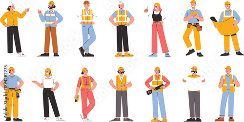 Construction workers illustration, safety gear, diverse roles, professional attire, building crew, engineering team, job site, vector art, labor force, workplace scene
