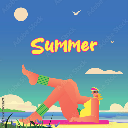 Summer beach illustration with relaxed woman sunbathing under bright sky
