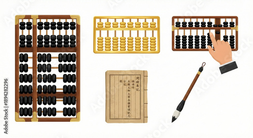 Collection of Traditional Abacus Designs, Ancient Scroll, and Calligraphy Brush Symbolizing Classical Calculation, Education, and Oriental Wisdom