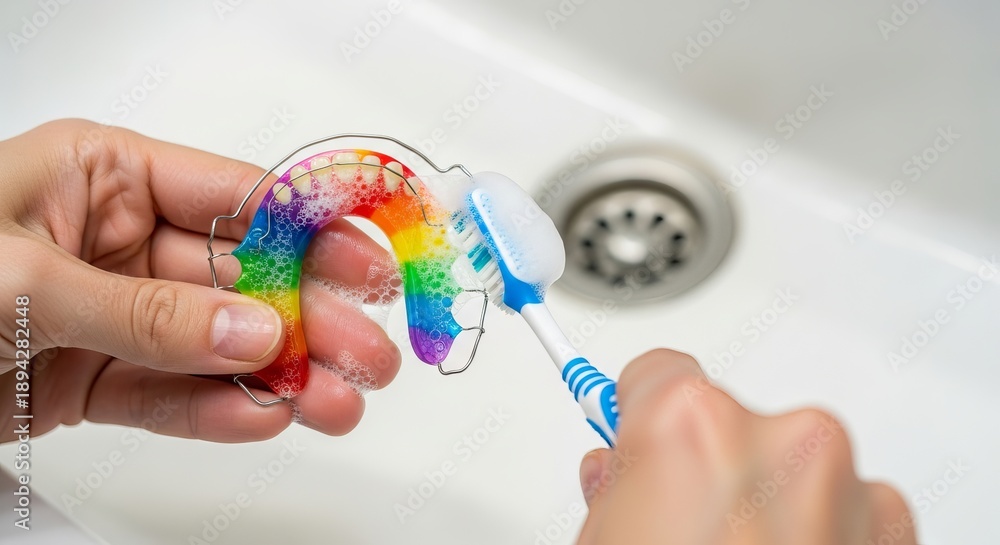 Naklejka premium Close up of Hands Cleaning Colorful Rainbow Dental Retainer with Toothbrush and Foam over Sink