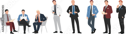 Businessmen illustration, seated pose, standing gesture, professional attire, corporate fashion, office scene, career concept, vector art, modern style, workplace icons
