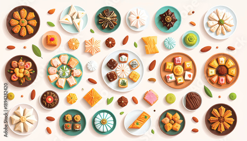 Traditional Middle Eastern Sweets Eid Desserts Arrangement Vector