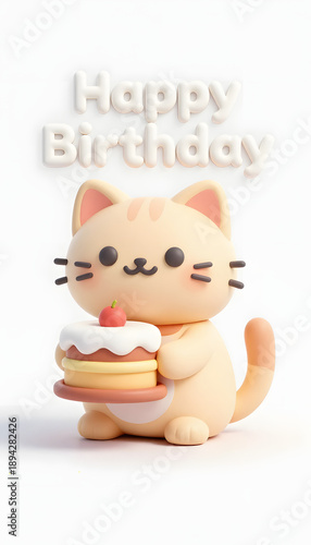 3d cat icon holding cake greeting card  “happy birthday “ text, cat with cake