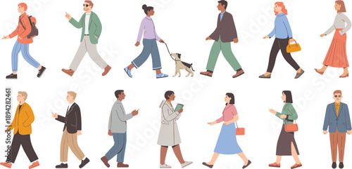 Walking people illustration, urban lifestyle, diverse outfits, casual motion, street fashion, character design, human movement, vector art, modern city, pedestrian activity