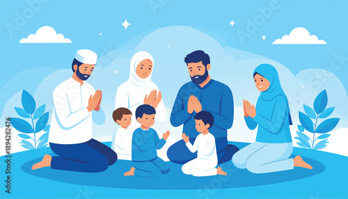 Family Praying Together Silhouette Eid Prayer Islamic Vector