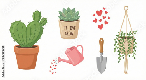 Charming collection of potted plants and gardening tools, celebrating love for nature and home decor