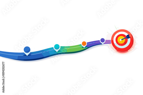 Startup Roadmap Illustration. Lean roadmap ribbon with highlighted milestone nodes and a bright target destination, subtle bokeh