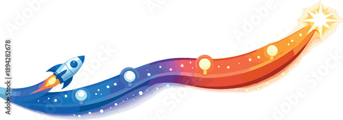 Launch Timeline Illustration. Launch timeline ribbon sweeping across the banner with glowing milestone nodes leading to a bright