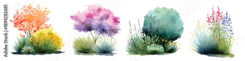 Spring flower bushes shrub architecture landscape elements set watercolor, isolated on transparent background