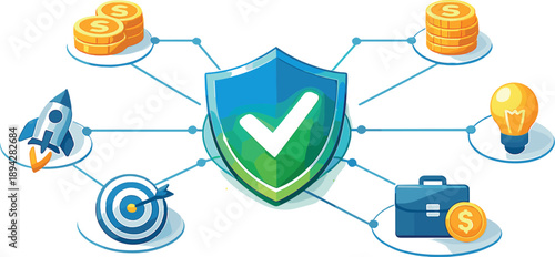 Startup Investment Hub. Investor readiness vignette with coin icons and a glowing checkmark shield badge around a central hub,