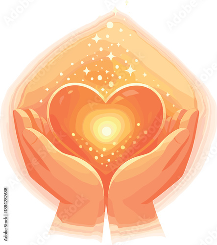 Glowing Heart Core. Hands holding a glowing heart core with gentle sparkles rising upward, soft gradient haze suggesting gratitude