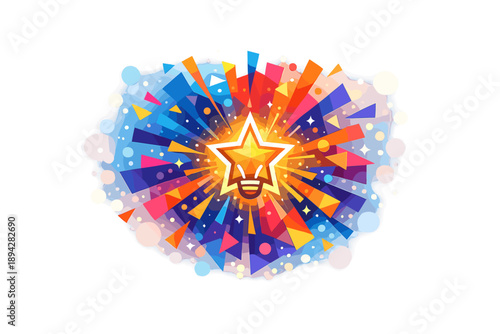 Geometric Star Inspiration. Burst of geometric particles forming a bright star idea badge at the center, subtle glow halo and