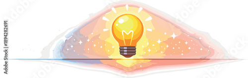 Inspirational Lightbulb Illustration. Lightbulb icon glowing above a clean horizon line with soft sparkle dust and airy negative