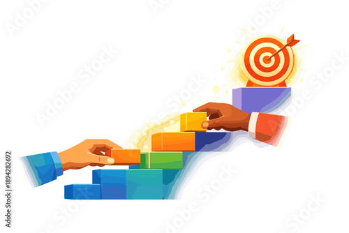 Building Success Steps. Hands stacking geometric blocks into a staircase leading to a glowing target badge, bokeh sparkles