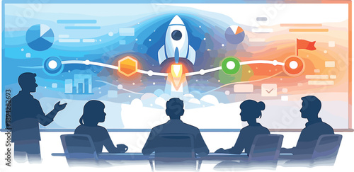 Startup Kickoff Scene. Founder pitch kickoff scene with team silhouettes around a large digital whiteboard, glowing rocket icon