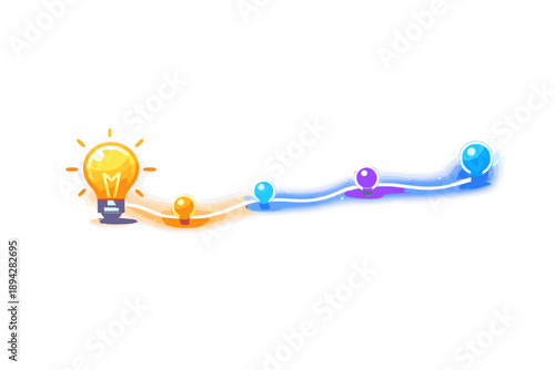 Innovative Roadmap Illustration. Lightbulb icon turning into a glowing roadmap path with milestone nodes, soft gradient haze and