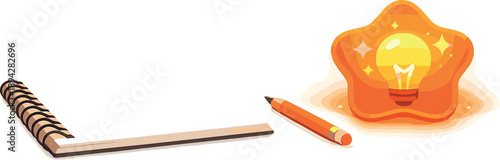 Creative Desk Artistry. Minimal studio desk with sketchbook, pencil, and a softly glowing star idea badge, clean spacing and