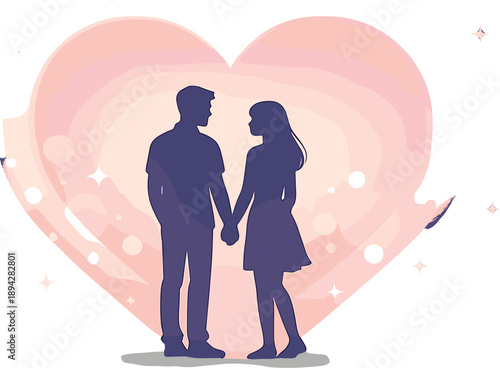 Silhouettes Under Heart Arch. Couple silhouettes holding hands under a glowing heart arch, soft bokeh sparkles and gentle gradient