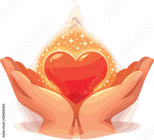 Glowing Heart Connection. Hands holding a glowing heart between them, tiny sparkle dust rising upward and soft shadows for depth