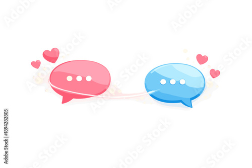Romantic Connection Glow. Message bubble pair connected by a thin glow line, floating hearts and bokeh particles suggesting warm