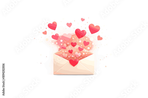 Heartfelt Envelope Design. Message envelope with a heart seal opening into floating hearts and glow dots, airy negative space and