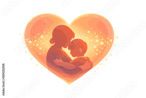 Heartfelt Family Embrace. Parent and child silhouettes embracing under a warm glow heart aura, tiny bokeh sparkles drifting