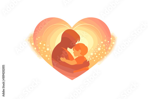 Heartfelt Family Embrace. Parent and child silhouettes embracing under a warm glow heart aura, tiny bokeh sparkles drifting