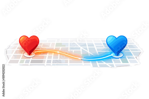 Map Pin Heart. Digital map pin heart over a minimalist city grid, thin glow route line suggesting meeting up after matching,