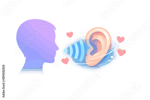 Active Listening Concept. Listening and support vignette with one profile silhouette and a larger ear-like wave icon, small hearts