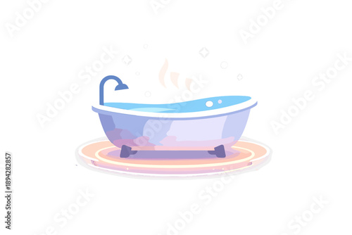 Relaxing Bath Ritual. Warm bath ritual scene with minimalist bathtub icon, floating steam particles and subtle glow rings