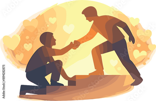 Kindness Silhouettes Art. Two people silhouettes helping one another up a small step, glow halo and subtle bokeh hearts suggesting