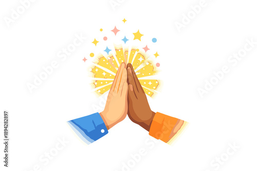 Joyful High-Five Celebration. High-five moment with two hands meeting at center, sparkle burst and tiny stars drifting upward to